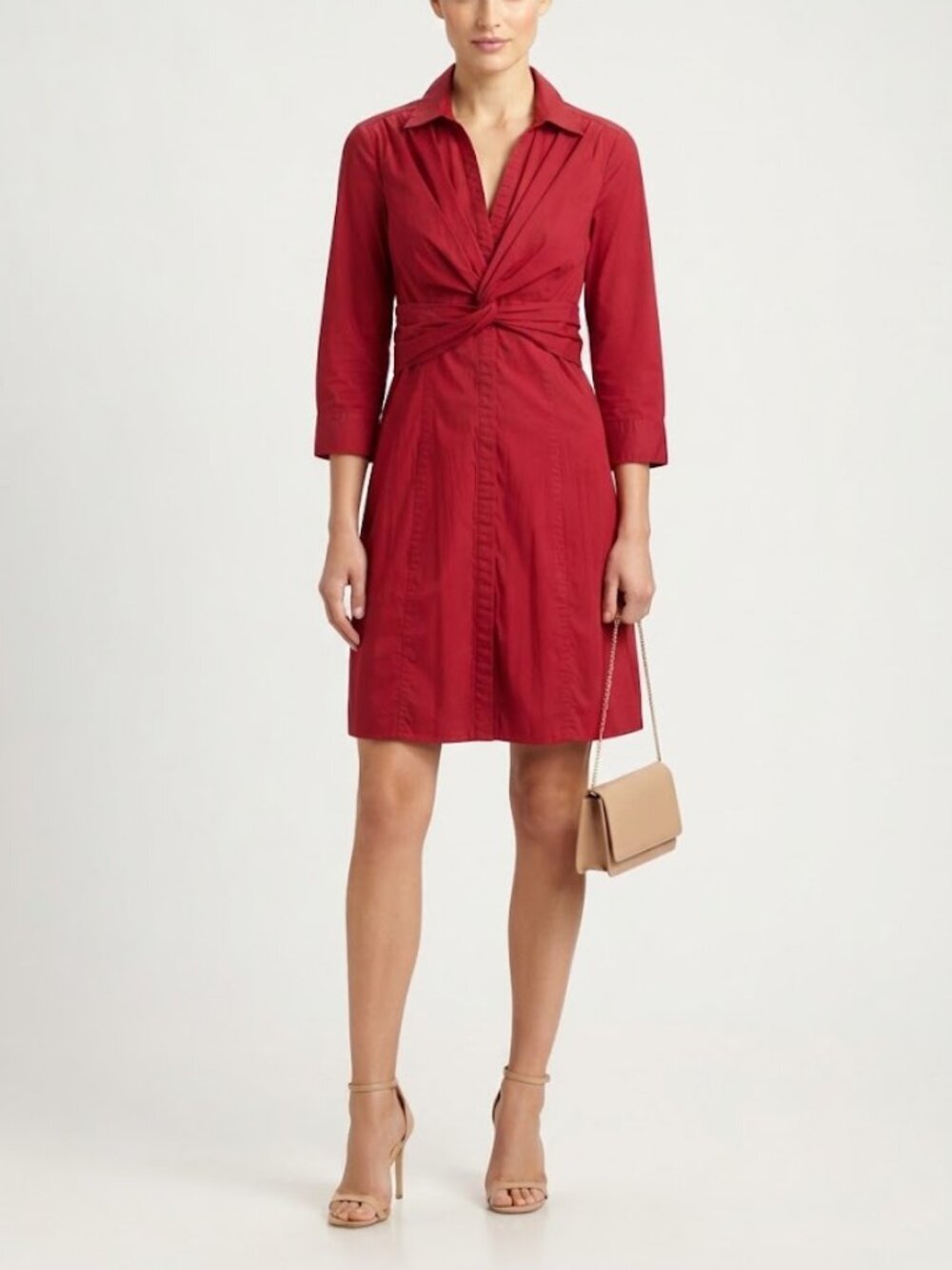Ann Taylor Twist Front Button Up Shirt Dress Red Petite 12P